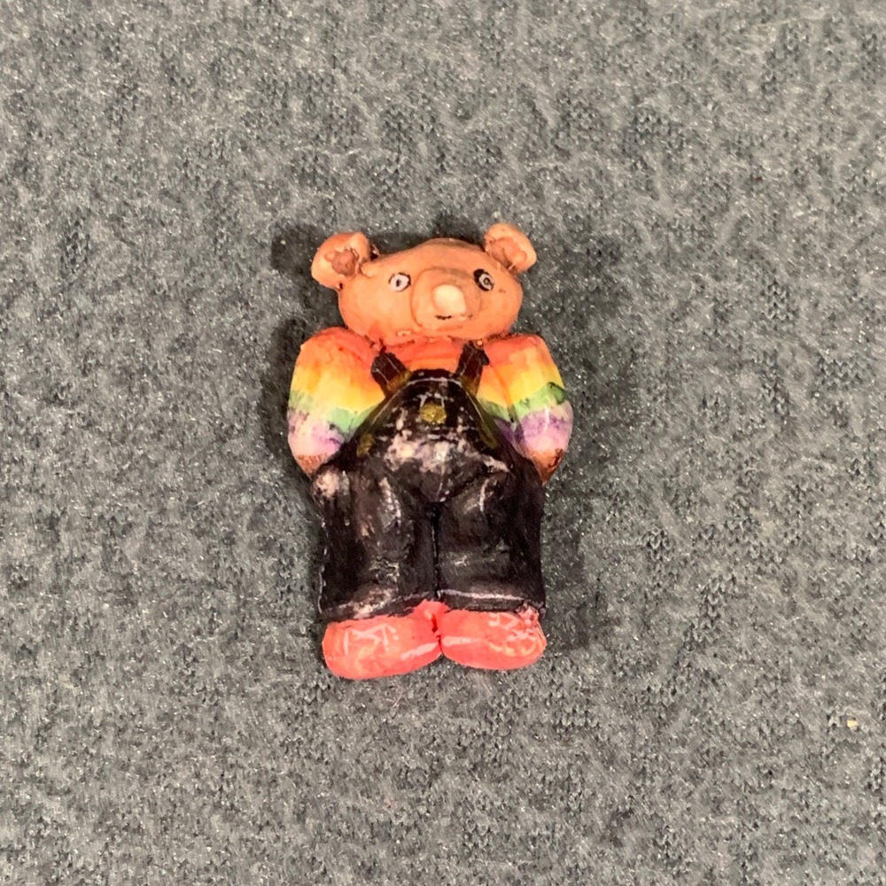 Handmade Teddy Bear Brooch Rainbow Shirt Black Overalls Folk Art 1 Inch Novelty